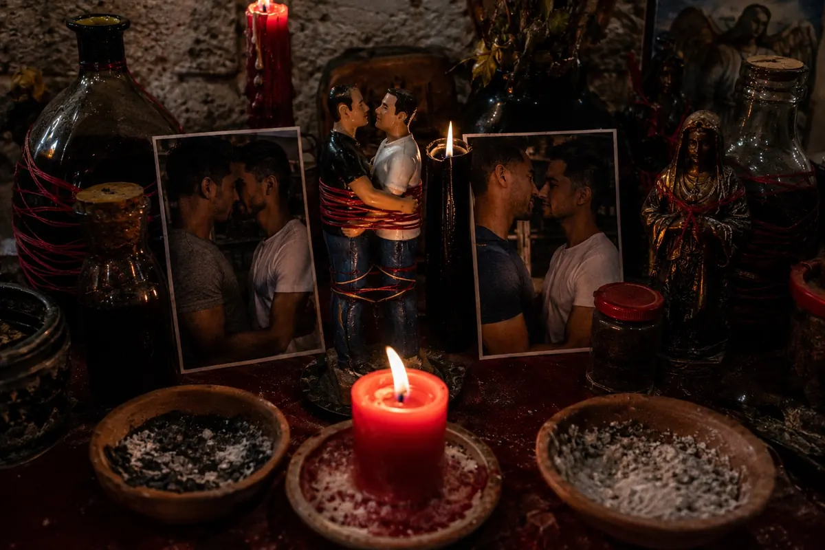 Velas encendidas en un santuario de piedra